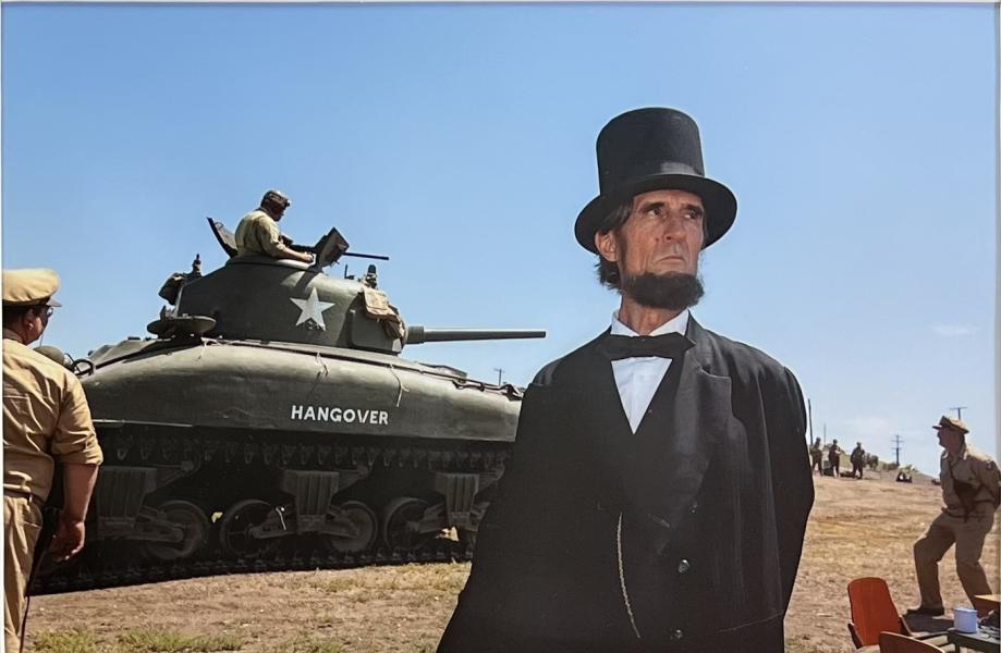 Phot of Abe Lincoln and an army tank