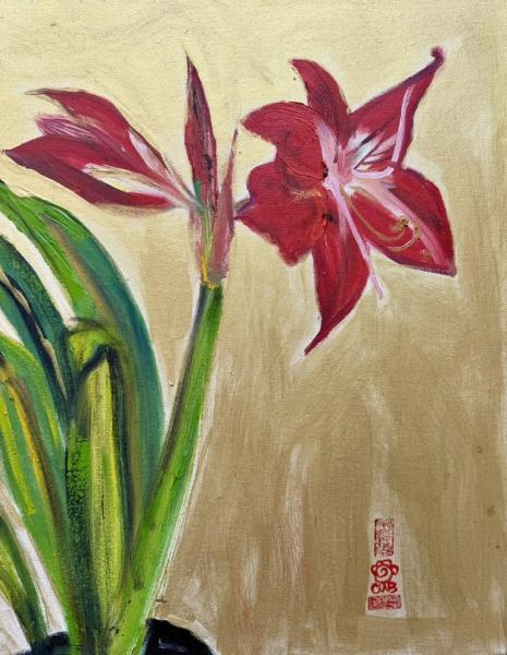 Amaryllis by Claudia Bratton Painting of a red amaryllis flower with green leaves on a neutral tan background, featuring a small red artist seal near the bottom.