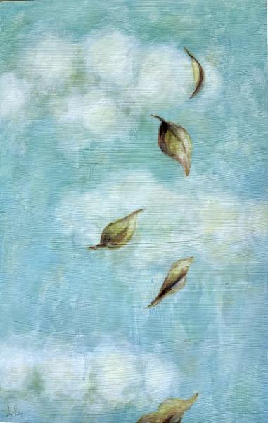 Autumn Leaves by Liz Brady Vertical painting of five softly detailed autumn leaves drifting downward against a textured blue-green background, with gentle brushstrokes creating a calm, airy atmosphere.