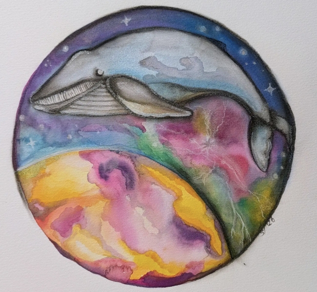 Baleen Dreams by Stephanie Ingoldsby  is a circular watercolor painting of a whale floating across a cosmic sky. The whale, rendered in soft grays, swims through a dreamy background of purples, blues, and pinks with small white stars. Below it, swirling bands of vibrant yellow, orange, magenta, and green resemble a colorful planet or landscape, blending into a galaxy-like scene within the round frame.