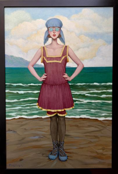 BEACH Betty by Fred Calleri Framed painting of a woman in vintage beach attire standing on the sand with hands on her hips, wearing a maroon dress, blue headscarf, and round sunglasses, with ocean waves and clouds in the background.