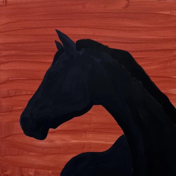 Fire Horse by Bella Dibernardo Minimalist painting of a black horse’s head and neck in silhouette against a warm reddish wood-toned background.