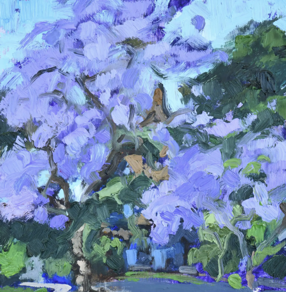 Bembridge House by Sarah Arnold is an impressionistic painting of lush purple blossoms and green foliage rendered with thick, expressive brushstrokes. The flowers cluster densely around dark branches, with layered shades of lavender, violet, and teal creating depth against a soft blue sky background.