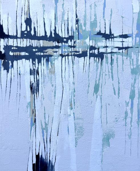 Bend by Sarita Reynolds Abstract painting in shades of blue with dripping vertical lines and mirrored shapes resembling reflections on water.