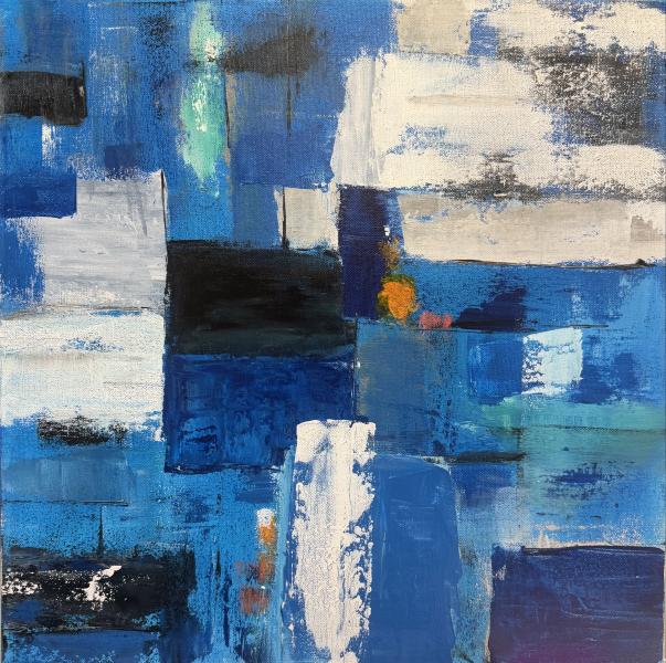 Lynn Altschul Abstract painting with layered blocks of blue, teal, white, and black, featuring textured brushstrokes and small accents of orange.