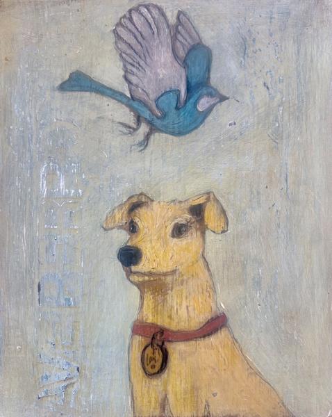 Bird Dog by Erika Carter Whimsical mixed-media painting of a golden dog wearing a red collar with a round tag, gazing upward at a teal bird flying overhead against a textured, muted background.