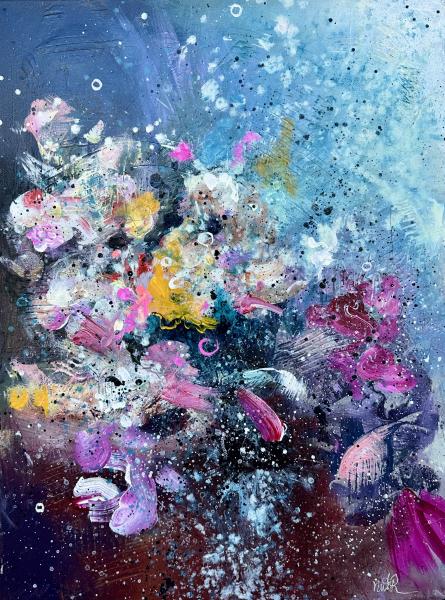 Bloom Burst by Nurit Ruckenstein Vibrant abstract painting with swirling blue background and energetic splashes of pink, yellow, black, and white.