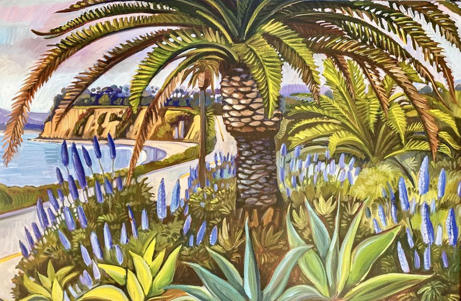 Butterfly Bloom by Jeremy HarperVibrant coastal landscape painting featuring a large palm tree surrounded by blue flowering plants and lush greenery, overlooking ocean cliffs and calm water under a soft pastel sky.