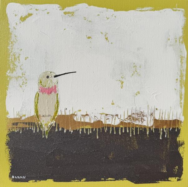 Calibri Vignt-Cinq by John Baran Minimalist painting of a small hummingbird with a pink throat and green wings perched against a textured white and brown background, framed by a bold yellow border.