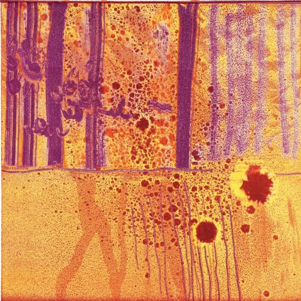 Abstract artwork with vibrant orange and yellow tones featuring layered textures, vertical bands, and scattered red and purple speckles.