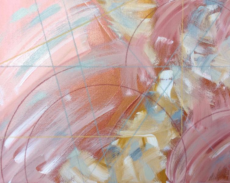 Coppertone 2: En Route by Kimmy Quillan Abstract painting with soft pink, peach, gold, and light blue brushstrokes layered with curved lines and a faint grid pattern.