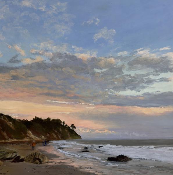 December Walk - Hendry's by Jessica Bortman Impressionist-style painting of a coastal sunset at Hendry’s Beach in Santa Barbara, with soft pink and blue clouds over the ocean, waves washing onto a sandy shore with scattered rocks, and a few people walking along the beach beneath a bluff topped with trees.
