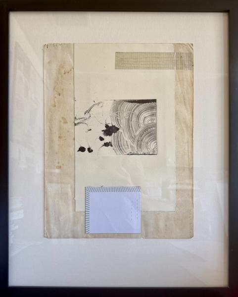 that end of summer feeling by Dug Uyesaka Framed mixed-media artwork with layered paper, ink drawing, and collage elements in neutral tones on a white background.