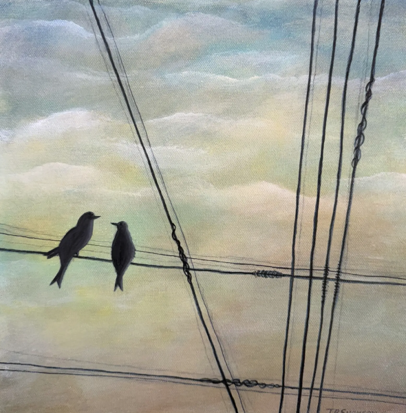 First Date by Tricia Evenson is a painting of two small birds silhouetted as they perch side by side on overhead utility wires. Multiple dark cables crisscross the composition, with twisted wire details visible. The background features a softly blended sky in pastel shades of blue, green, and warm peach, with visible canvas texture.