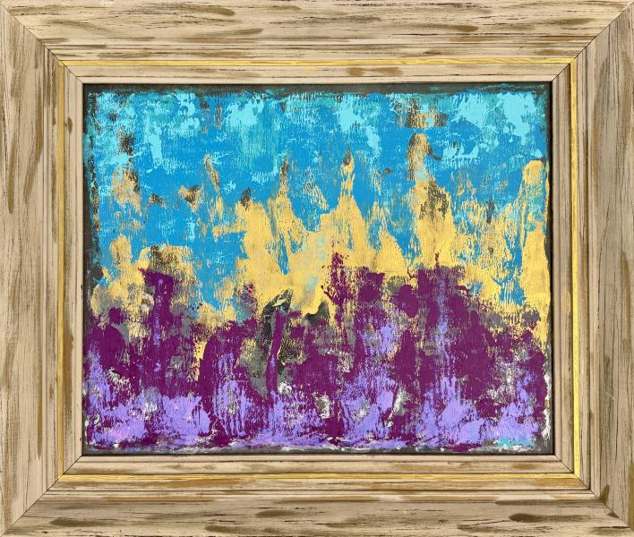 Gold Lining by Josephine Tournier Ingram Abstract painting with bright turquoise, gold, and purple textures displayed in a rustic wood frame.