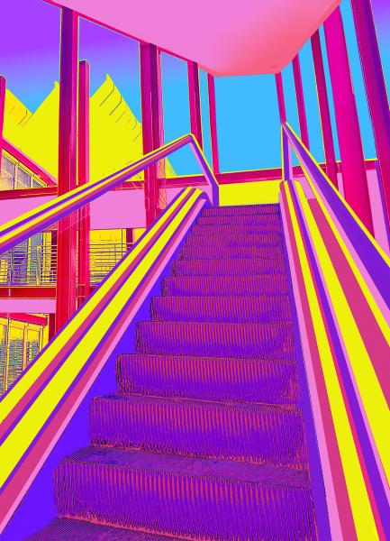 Up Up and Away by Jane Gottlieb Colorful pop-art style image of an interior staircase with bright pink, yellow, blue, and purple tones leading upward toward large windows.