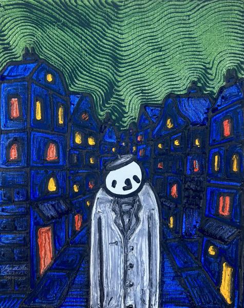 Green Night by Skye Gwilliam Colorful, textured painting of a solitary figure in a long white coat standing on a narrow street lined with tall blue buildings at night. The windows glow in warm reds and yellows, and swirling green patterns fill the sky above, creating a moody, dreamlike atmosphere.