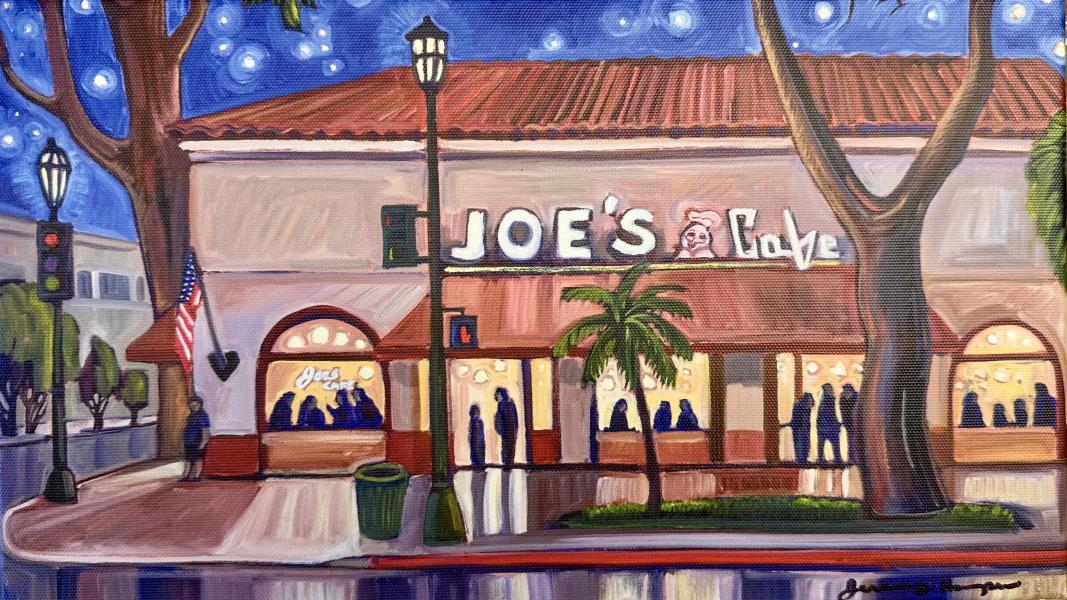Joe's Cafe by Jeremy Harper Colorful nighttime street scene painting of Joe’s Café with glowing windows and silhouetted diners inside, set beneath a starry sky with palm trees, a traffic light, and reflections on the wet sidewalk.