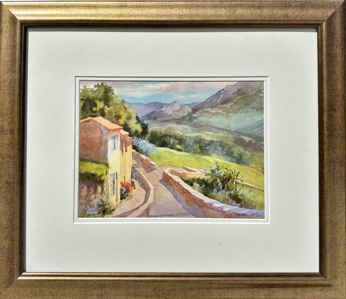 Karen McClean-McGaw Minimalist abstract watercolor with soft neutral tones and small blocks of red, blue, and yellow forming a loose central composition.