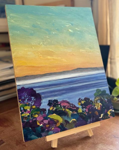 acrylic on board paiting of plants and ocean