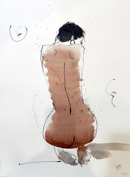 Maile by Eric Saint Georges Expressive watercolor and ink painting of a nude female figure shown from behind, seated with knees bent, rendered in warm earthy tones with loose brushstrokes and delicate splatter details against a white background.
