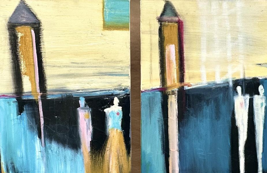 Marlyn Dagget Abstract diptych painting of a harbor with tall dock posts and simplified human figures reflected in blue water under a yellow sky.