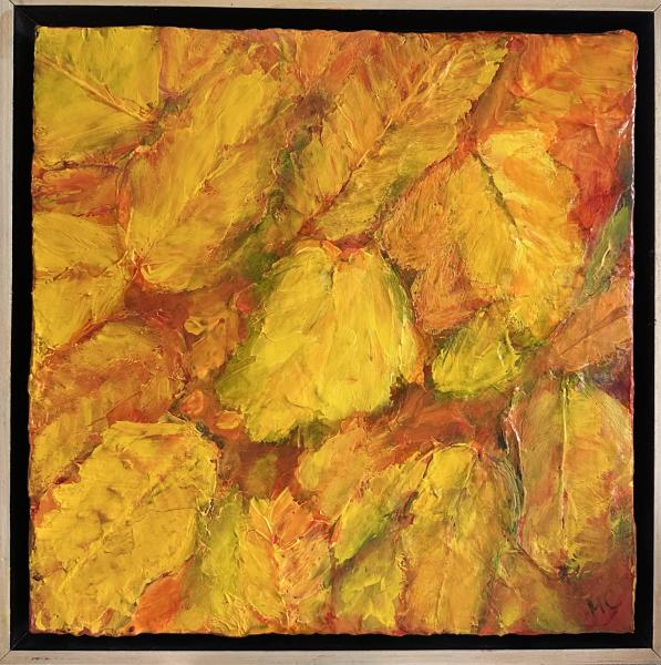 Meredith Cosden Colorful abstract floral-style painting with bold yellow and orange palette knife strokes, richly textured and framed in wood