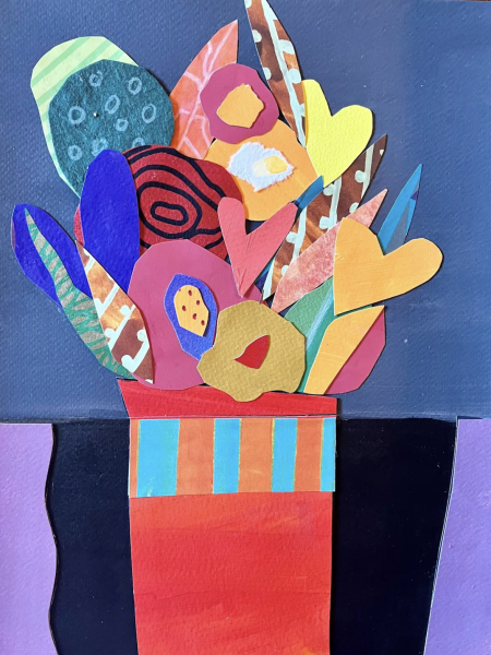 Mixed Bouquet by Barbara Cronin Hershberg is a colorful paper collage of a stylized bouquet in a red flowerpot with teal stripes. The arrangement features layered cut-paper shapes resembling leaves, flowers, and hearts in bright pink, yellow, teal, orange, purple, and patterned designs, set against a blue background with purple panels on either side.