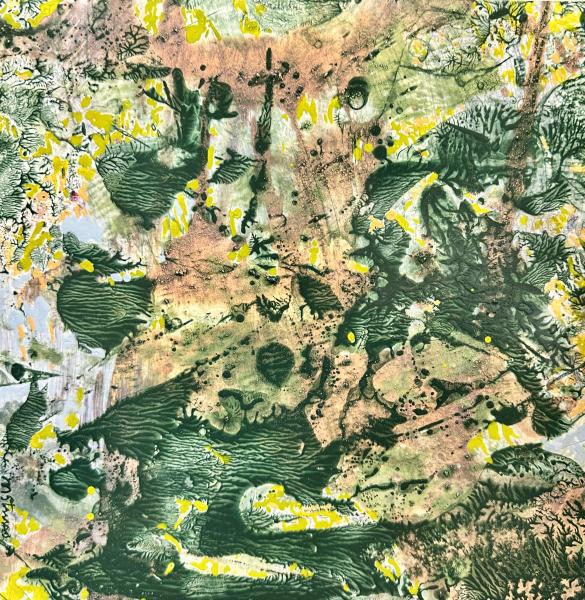 Montecito Hot Springs by Marlene Struss Alt text: Abstract painting with layered green organic shapes, earthy textures, and bright yellow splashes resembling wild mustard flowers.