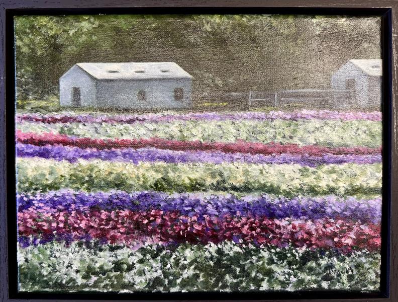 Morning in the Flower Fields by Jenny Marshall Framed landscape painting of colorful flower fields in rows of purple, red, pink, and white with two small barns and trees in the background.