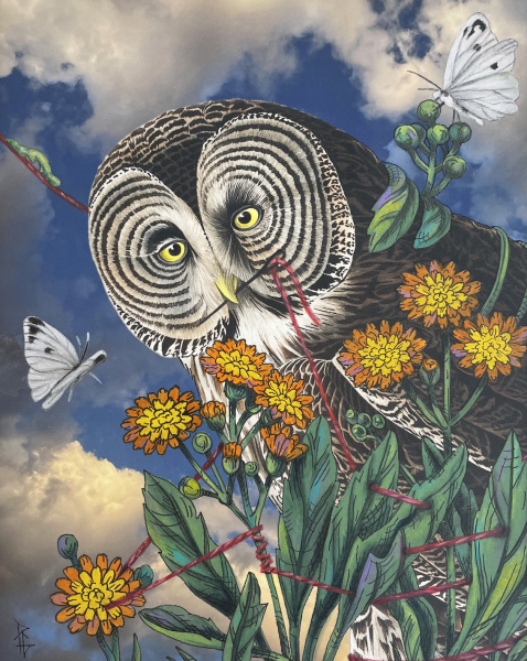 Penelope Gottlieb art is a illustrated owl with bold black-and-white concentric facial markings and bright yellow eyes, perched among orange and yellow flowers with green leaves. Red thread weaves through the stems and across the owl’s beak, while white butterflies flutter nearby against a blue sky filled with soft clouds.