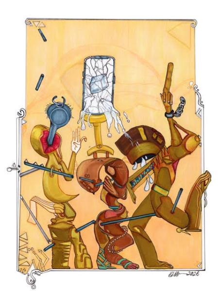 Protest by Karen Folsom Surreal illustration of three stylized, elongated figures in warm golden tones balancing tools and objects, including a cracked smartphone on a pedestal above them, set against a soft yellow background with geometric accents.