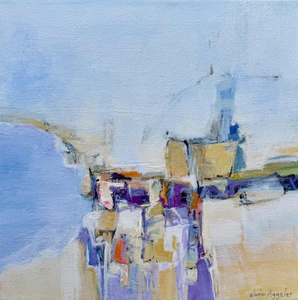 Santa Barbara #11 by Karin AggelerAbstract coastal painting of buildings along a seaside cliff with soft pastel colors and a lighthouse overlooking the ocean.