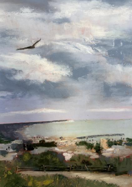 Scenic Overlook in Ventura by Tracy Smith Impressionistic coastal landscape showing Ventura harbor and ocean from a hillside viewpoint under a cloudy sky with a bird in flight.