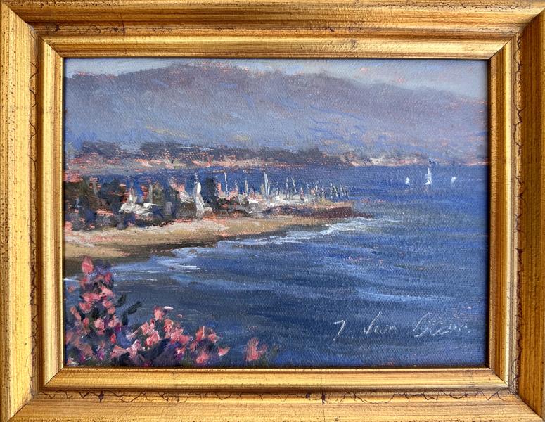 Shoreline Vista by Thomas Van Stein Framed coastal landscape painting overlooking a shoreline with sailboats and distant mountains across the water.