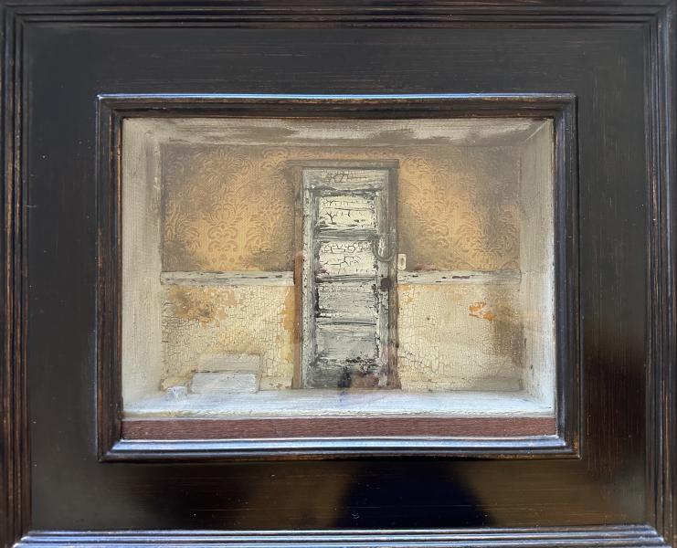 Solitary by Michael Long Framed mixed-media artwork featuring a weathered, peeling white wooden door set against cracked plaster and faded gold damask wallpaper, creating a rustic, vintage interior scene within a deep, dark wood frame.