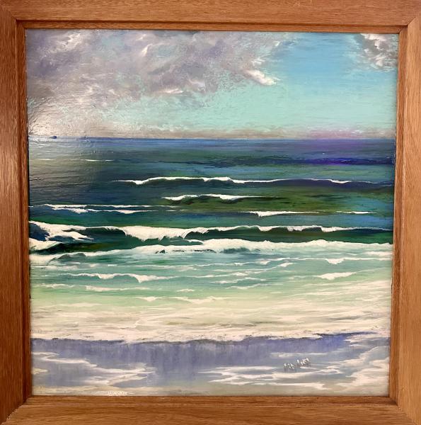 Storm Surf by Duane Laurabee Framed seascape painting of rolling ocean waves in shades of turquoise and deep blue, breaking onto a sandy shore beneath a dramatic, cloud-filled sky.