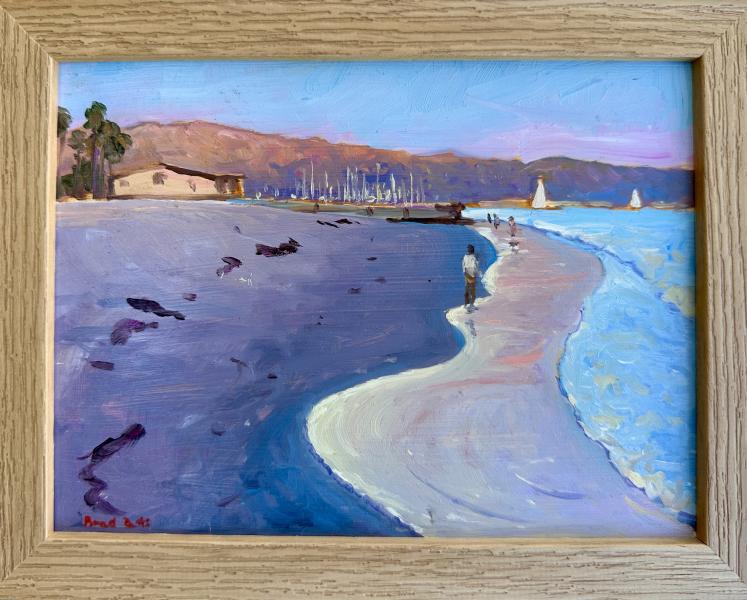 Sunset Reflection by Brad Betts Impressionistic coastal painting of a sandy shoreline with reflections in wet sand and boats in the distance at sunset.