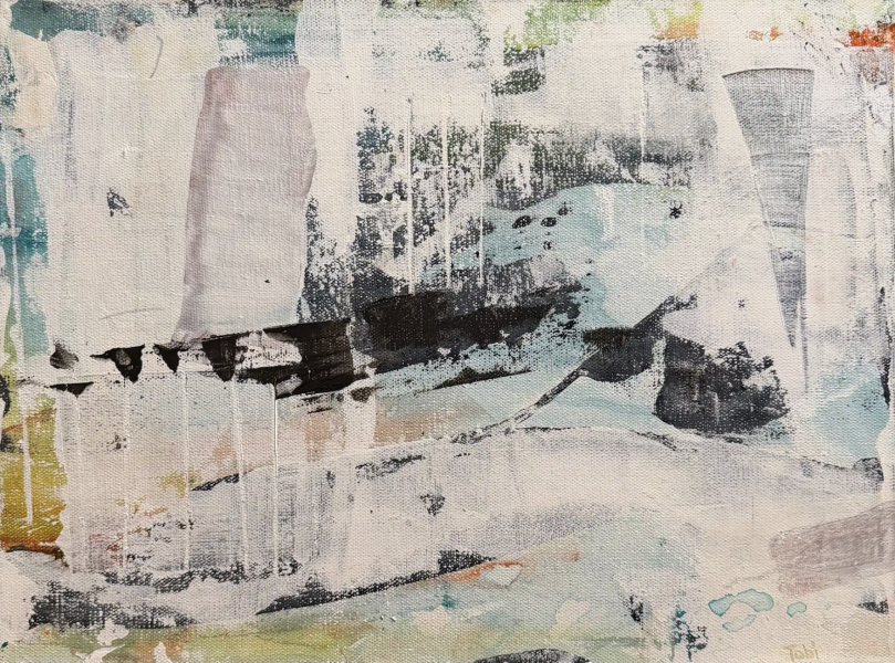The Riff of Sister Kent by Tobi Beck is abstract mixed-media painting with layered textures and muted tones of white, gray, teal, and soft yellow. Black geometric shapes and splatters stretch horizontally across the center, with visible paint drips and rough canvas texture creating a weathered, atmospheric effect.