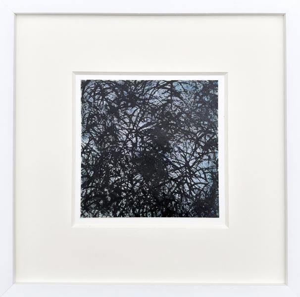 Thicket 3 by Hugh Margerum Framed abstract artwork featuring dense, overlapping black lines resembling tangled branches against a muted blue-gray background.