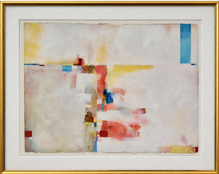 Untitled by Tony Askew Abstract watercolor artwork with soft neutral background and layered geometric shapes in red, yellow, and blue, matted and displayed in a gold frame.