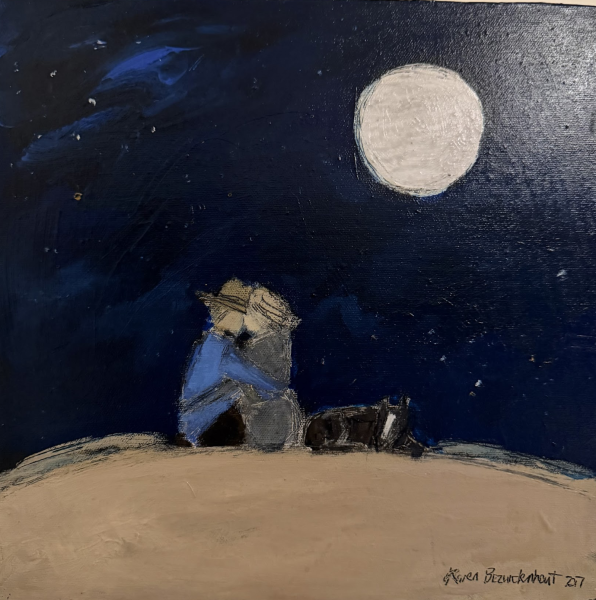 Unknown by Karen Bezuidenhout is a painting of a person sitting on a sandy hill at night beneath a large full moon in a deep blue sky. The figure, wearing a hat and blue pants, sits with knees pulled to their chest, while a small dog lies beside them. The scene feels quiet and contemplative, with visible brushstrokes and a softly textured surface.