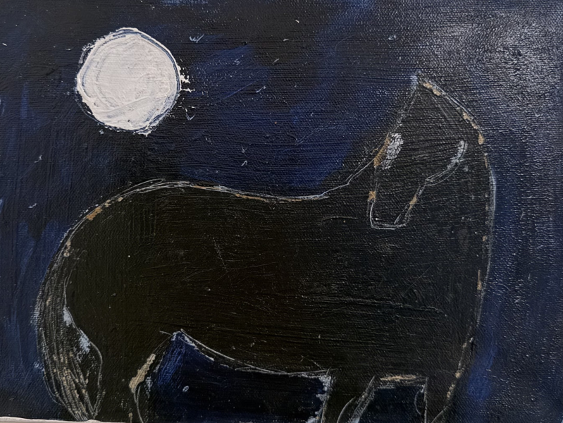 Dark, moody painting of a black horse standing in profile against a deep blue night sky. A textured white moon glows in the upper left corner, while the horse’s outline is loosely sketched in light strokes, creating a simple, expressive composition with visible brush texture.