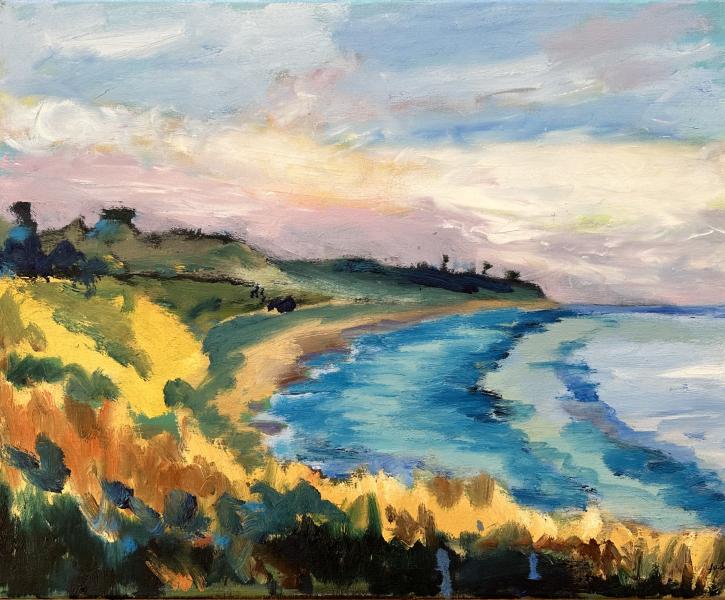 Lisa Slavid Impressionistic coastal landscape painting with turquoise water, golden grasses, and rolling hills under a pastel sunset sky.