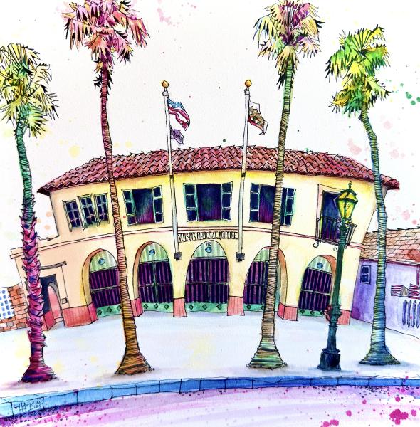 Santa Barbara Veteran's Memorial Building by Brandon Teris Colorful, whimsical illustration of the Veterans’ Memorial Building in Santa Barbara, featuring arched doorways, a red-tiled roof, American and California flags, and tall palm trees against a bright, splattered watercolor background.