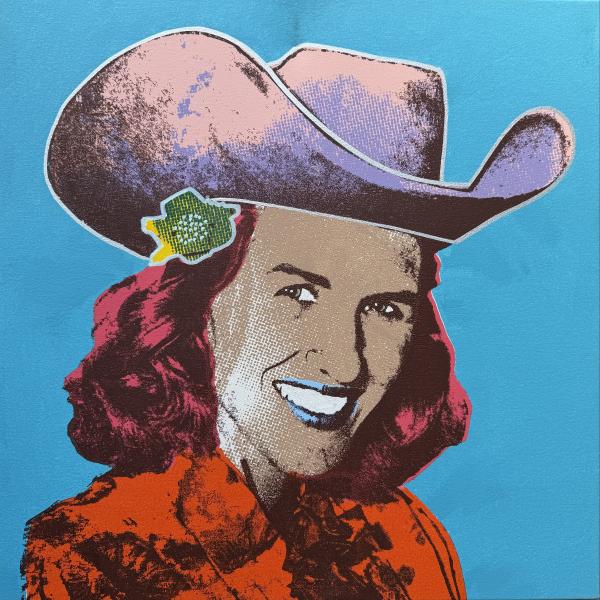 Corrinne Rodeo Star 1960's #12 by Wallace Piatt Pop-art style portrait of a smiling woman wearing a large blue hat with a flower, rendered in bright colors against a blue background.
