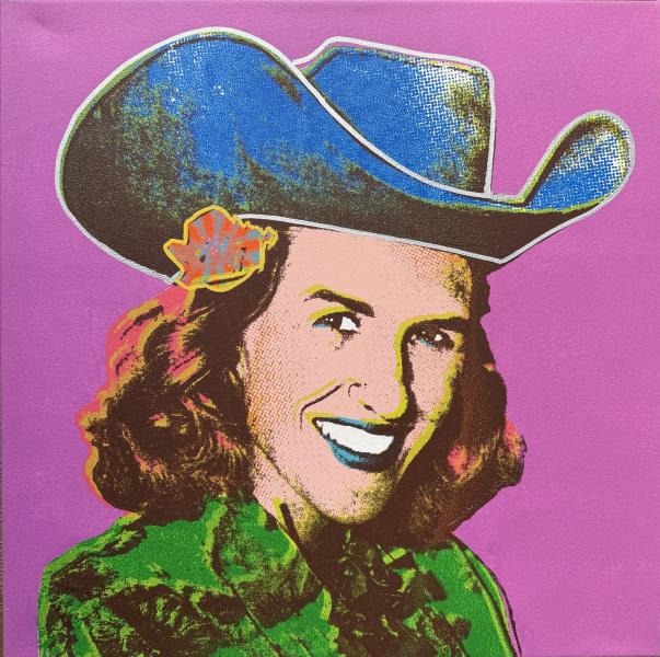 Corrinne Rodeo Star 1960's #9 by Wallace Piatt Pop-art style portrait of a smiling woman wearing a large blue hat with a flower, rendered in bright colors against a pink background.