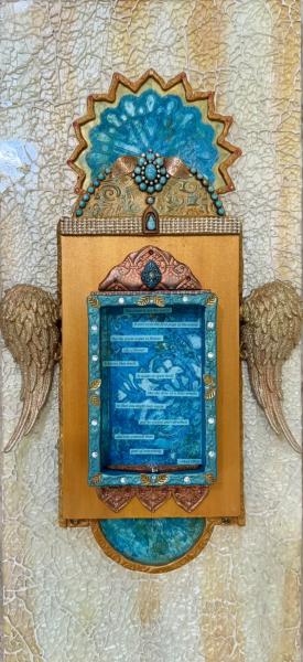 Did you know by wendy brewer Ornate mixed-media wall artwork featuring a turquoise and gold central panel with decorative beading, textured details, and sculpted angel wings on either side, set against a crackled cream background.