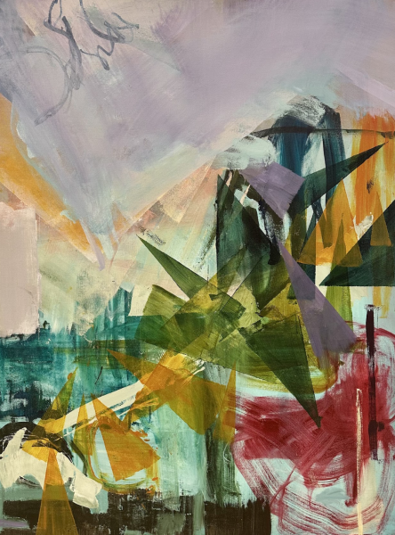 One Step Closer by Wendy Fisher is a vibrant abstract painting with layered geometric shapes in deep green and mustard yellow intersecting across the center. Soft washes of lavender and teal blend into the background, while bold red brushstrokes form a loose circular shape on the right. The composition features visible brush marks, overlapping translucent layers, and dynamic angular forms.