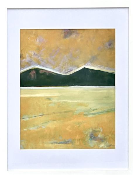 Wild Mustard by Nini Swift Seaman Abstract landscape painting with golden fields, dark green hills, and a textured yellow sky.